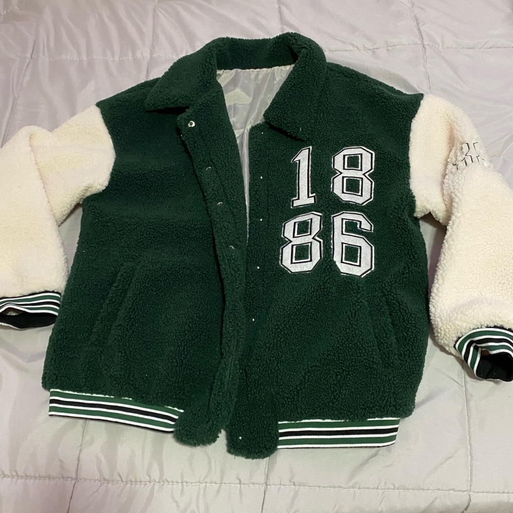 Fuzzy varsity jacket